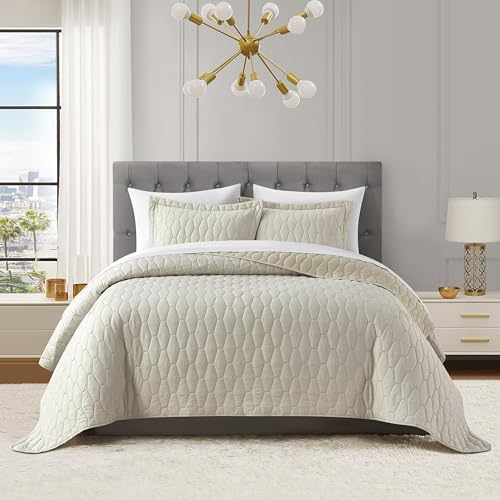 Chic Home Nyla 3 Piece Queen Quilt Set - Beige Hexagon Pattern