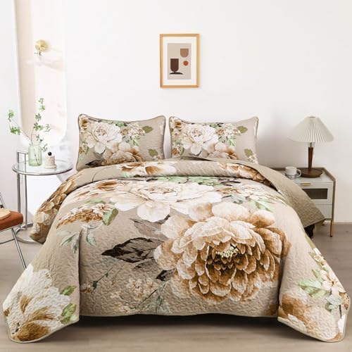 WONGS BEDDING Floral Quilt Set 3 Piece Khaki King
