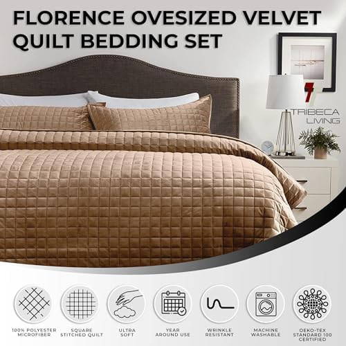 Tribeca Living Velvet Quilt Set King Size Taupe 1