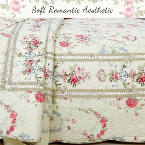 Cozy Line Khaki Cream Yellow Floral Reversible Quilt 3 Piece King Set
