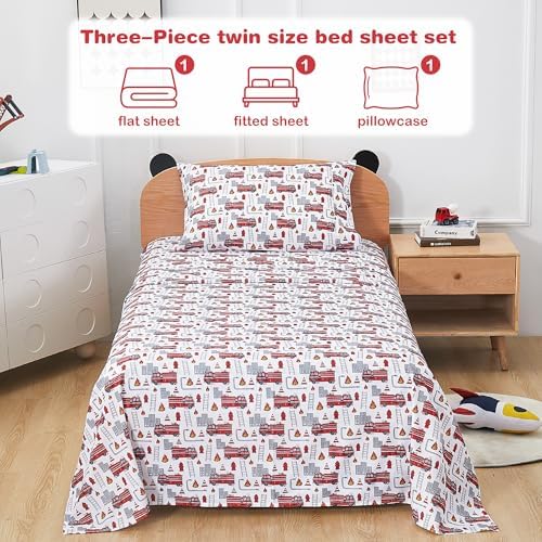 3 Piece Fire Engine Print Twin Bed Sheet Set for Kids