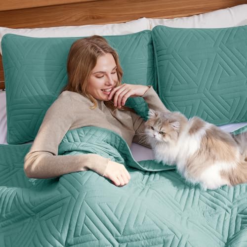 Whale Flotilla Turquoise Green Queen Quilt Set
