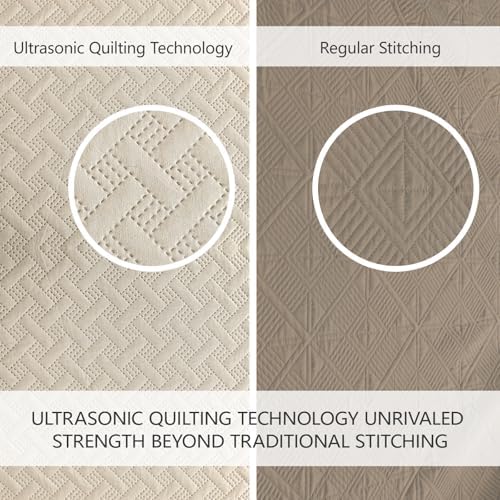 FLYMME King Quilt Bedspread Set with 2 Shams Beige Geometric Stripe Pattern