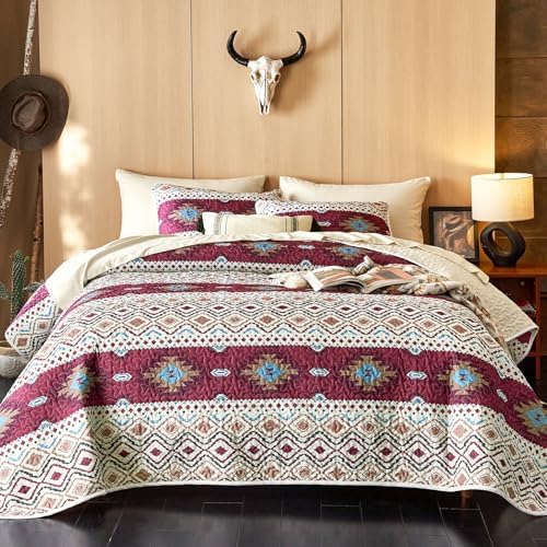 Wake In Cloud Western Quilt Set QueenFull 3 Pieces Beige Burgundy