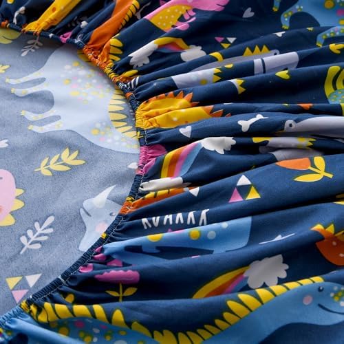 NATURETY Bed Fitted Sheet Dino Print Full Size Navy Blue