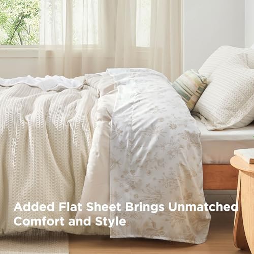 Bedsure King Comforter Set - Beige Floral 4-Piece Waffle Bedding