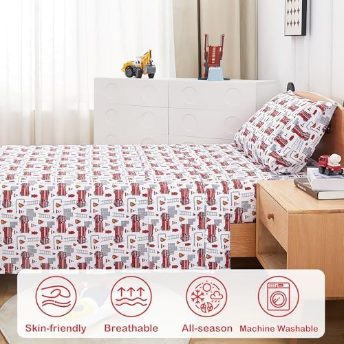 3 Piece Fire Engine Print Twin Bed Sheet Set for Kids