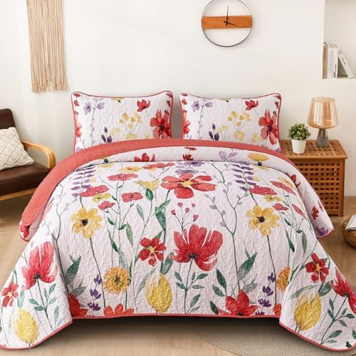 Anibedding Floral Quilt Set King Size 3-Piece Red Bedspread