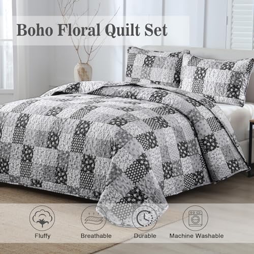 Menghomeus Boho Patchwork Quilt Set King Black Grey