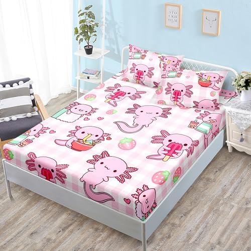 HOSIMA Pink Axolotl Fitted Sheet Set Twin Size 1