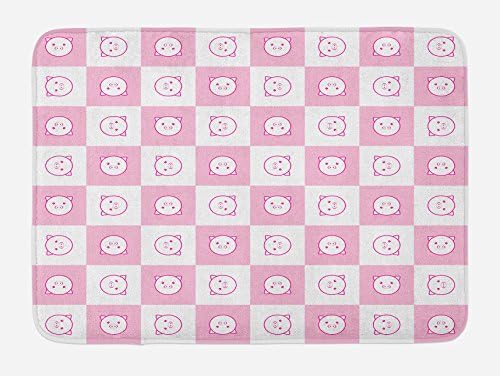 Ambesonne Checkered Bath Mat with Happy Piggy Faces 1