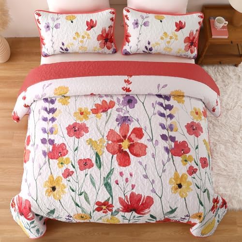 Anibedding Floral Quilt Set King Size 3-Piece Red Bedspread