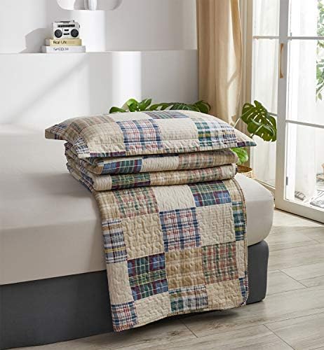 Hailea Beige Plaid Quilt Set Full Queen