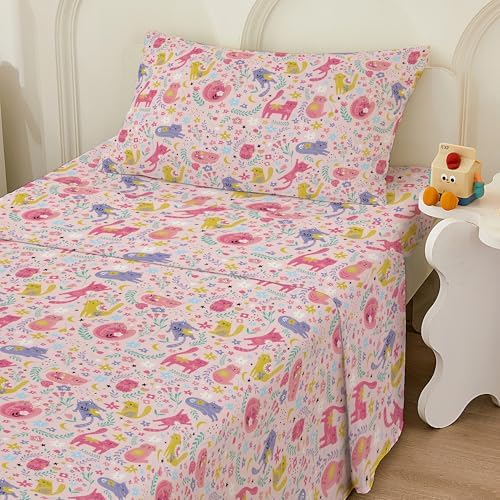Bedmoon Girls Pink Cat Twin Bed Sheet Set
