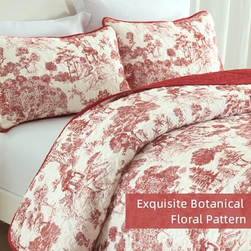 Wongs Bedding Botanical Quilt Set Queen Size Red 3 Pieces