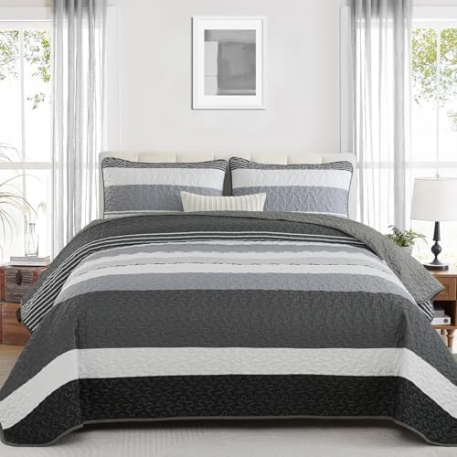 Dinjoy Black and White Striped King Size Quilt Set