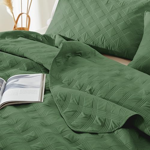 Inron Quilt Set Queen Size Olive Green Microfiber Ultrasonic Full Bedspreads