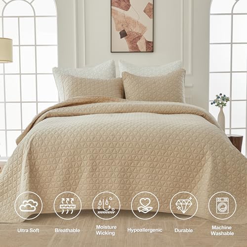 SimpleOpulence Cotton Quilt Set Queen Size Khaki 3-Piece