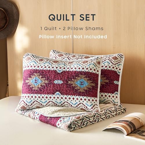 Wake In Cloud Western Quilt Set QueenFull 3 Pieces Beige Burgundy