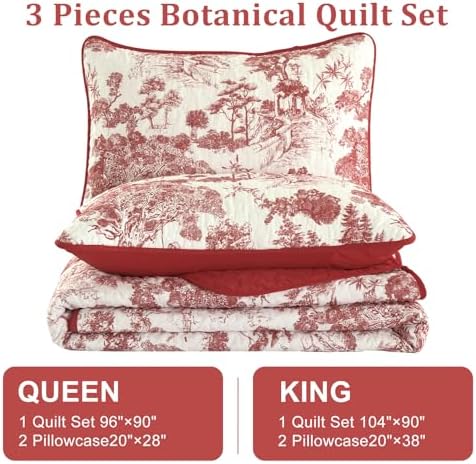 Wongs Bedding Botanical Quilt Set Queen Size Red 3 Pieces
