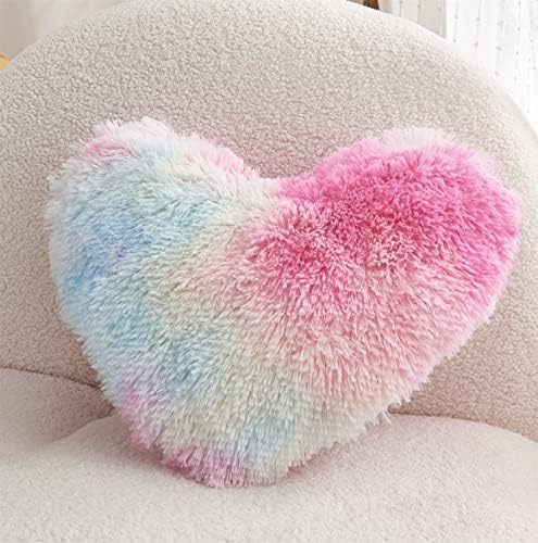 MOOWOO Fluffy Heart Pillow Rainbow Faux Fur Throw Decor 40x40cm