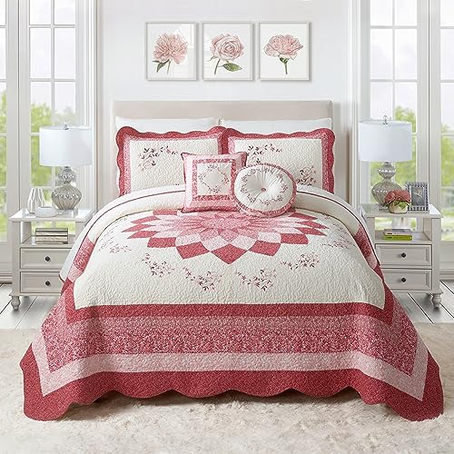 Modern Heirloom Caroline Embroidered Quilted Bedspread - Queen Size Red