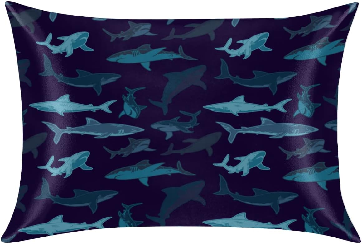YoCosy Silk Satin Pillowcase with Zipper Navy Ocean Shark Print 1