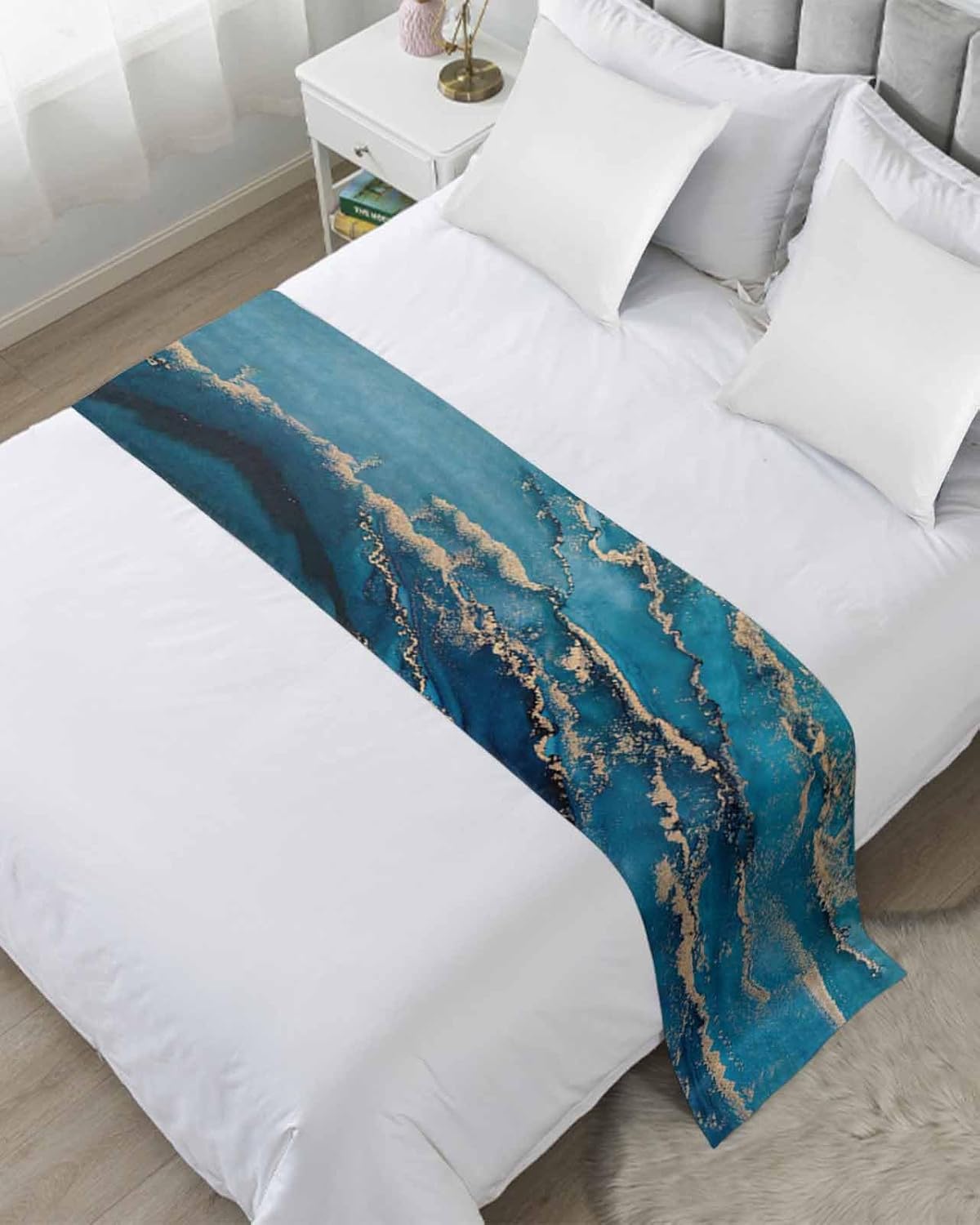 Homechoid Marble Blue Bed Runner for King Size Bed
