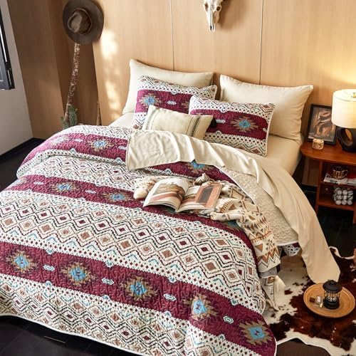 Wake In Cloud Western Quilt Set QueenFull 3 Pieces Beige Burgundy