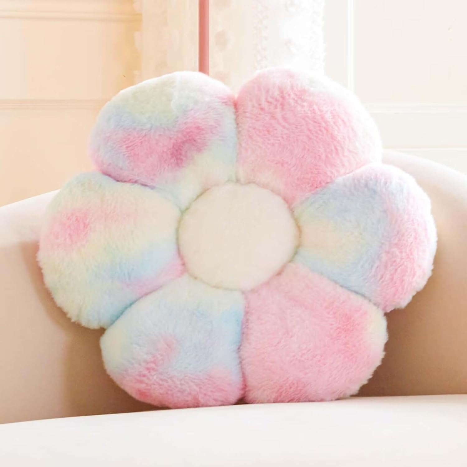 Cute Rainbow Flower Pillow with Faux Rabbit Fur
