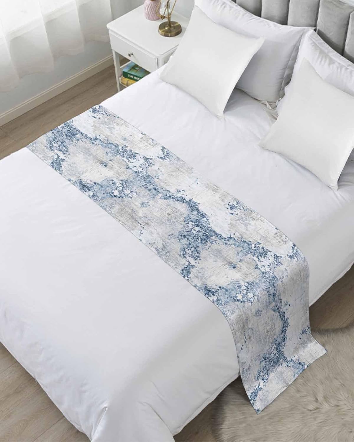 Jolunifun Blue Marble Bed Runner Scarf Queen Size 1