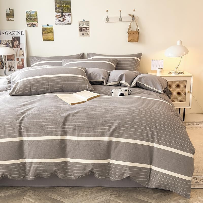 DCSKY Duvet Cover Set 3PCS Washed Cotton Striped Comforter