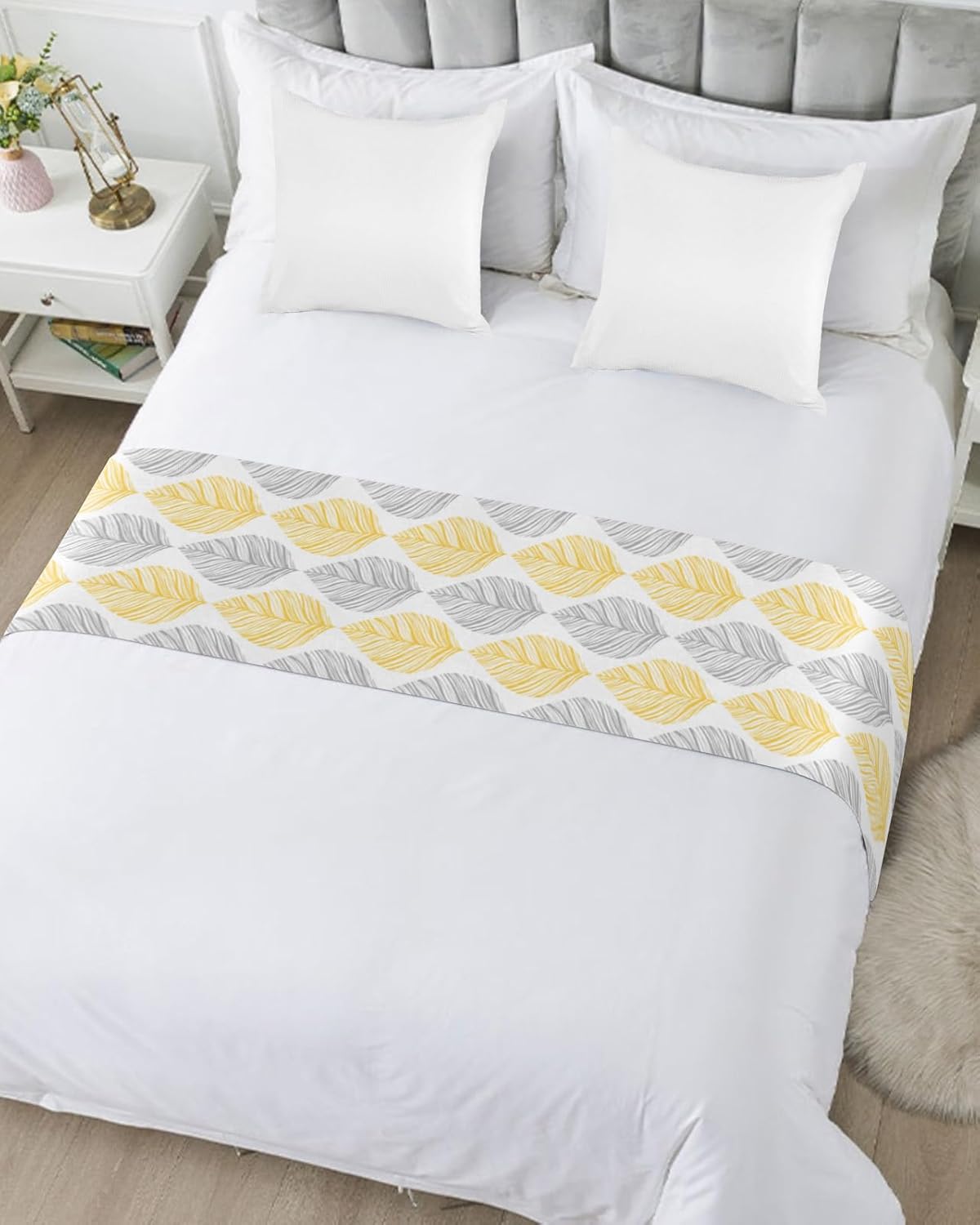Minimalist Yellow Grey Leaf Bed Runner Scarf 94x20