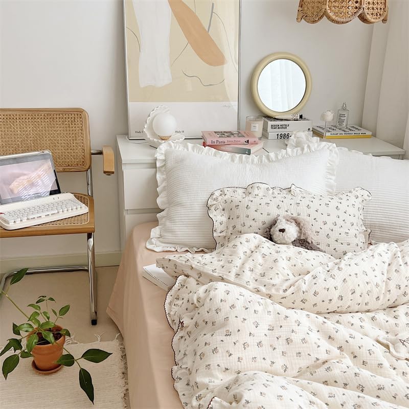 AOJIM Muslin Duvet Cover 47X59 with Ruffled Edges Rose Pattern 2-Layer Gauze