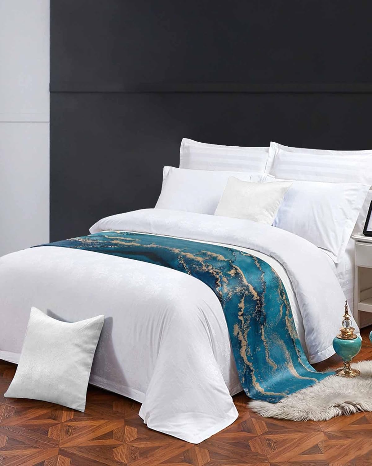 Homechoid Marble Blue Bed Runner for King Size Bed
