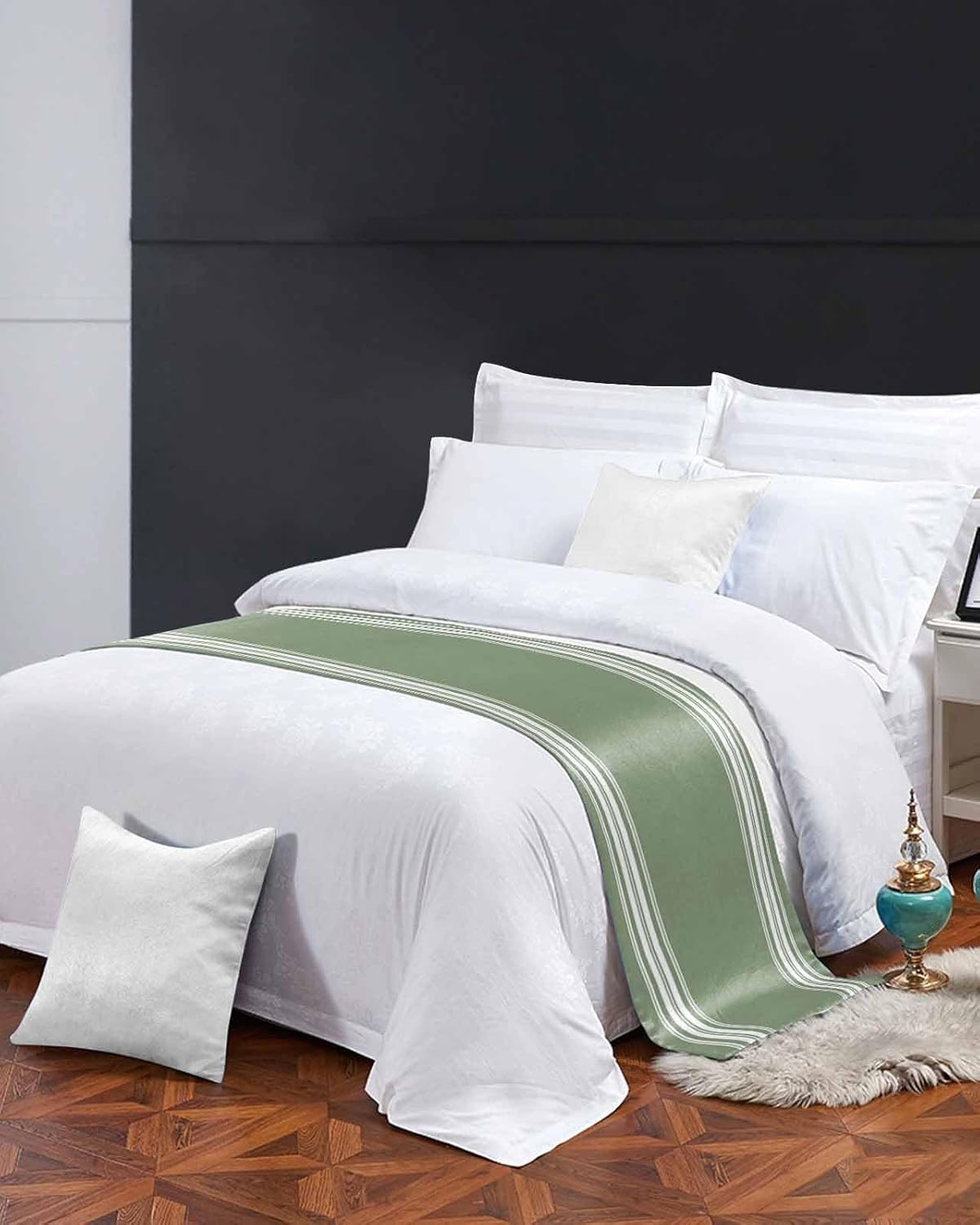 DecorLovee Dark Sage Green Bed Runner Queen Size