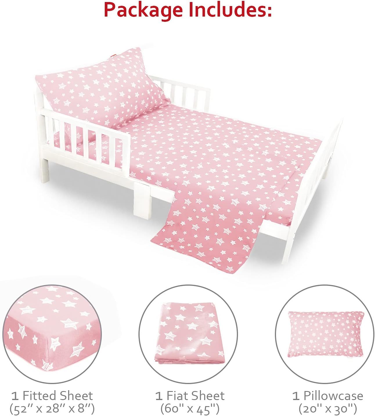 Moonsea Toddler Bed Sheets Set - Pink Star Print 3 Piece