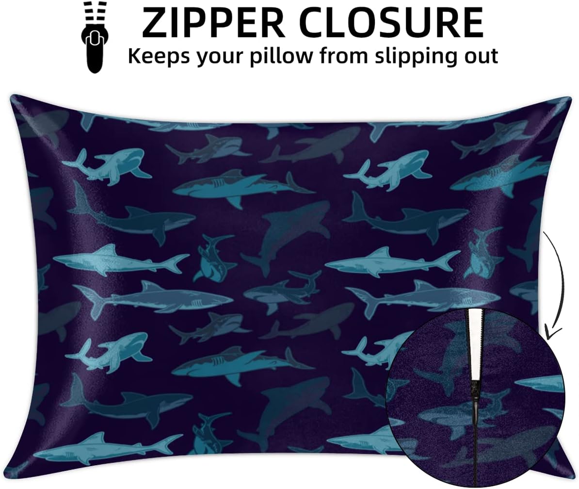 YoCosy Silk Satin Pillowcase with Zipper Navy Ocean Shark Print 1