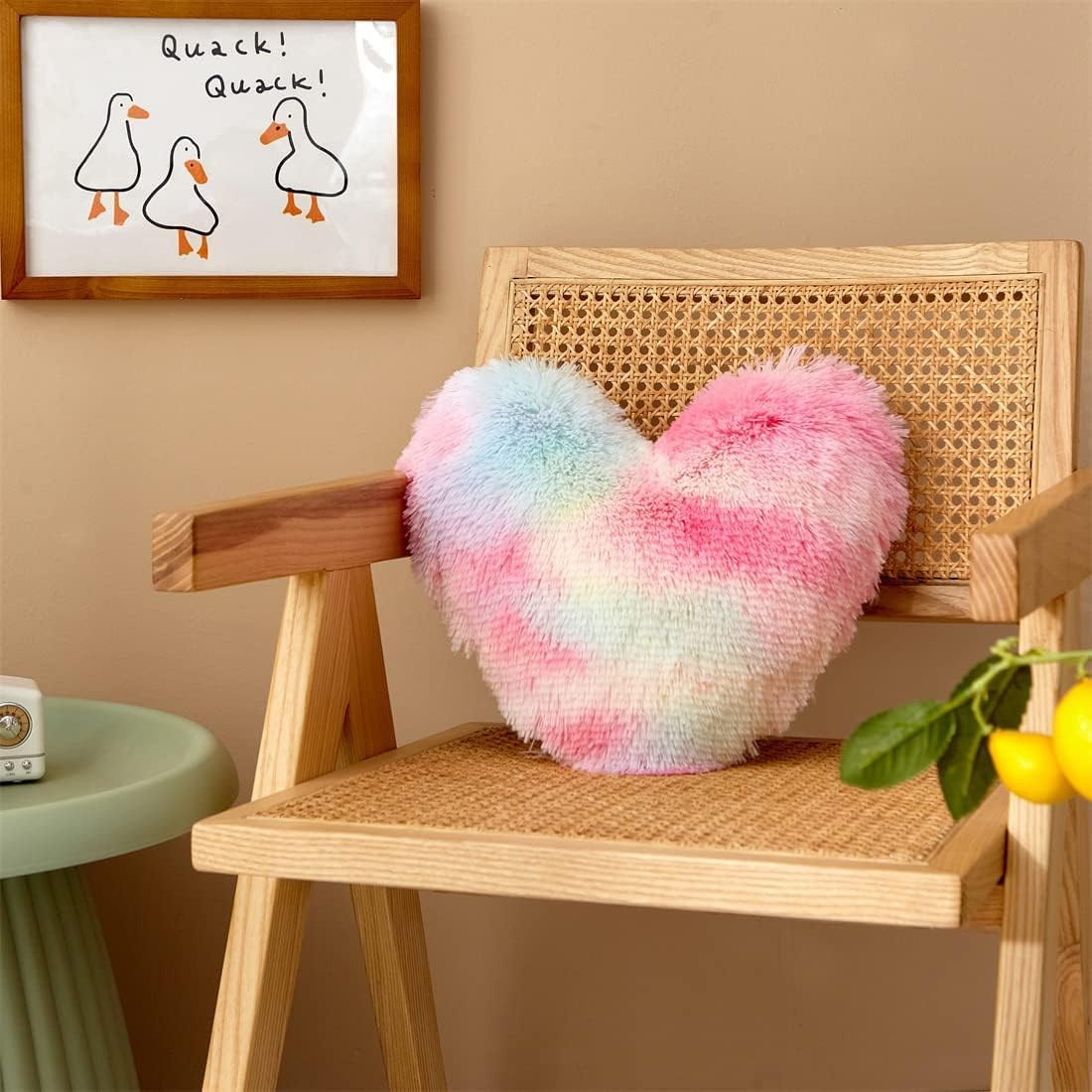 MOOWOO Fluffy Heart Pillow Rainbow Faux Fur Throw Decor 40x40cm