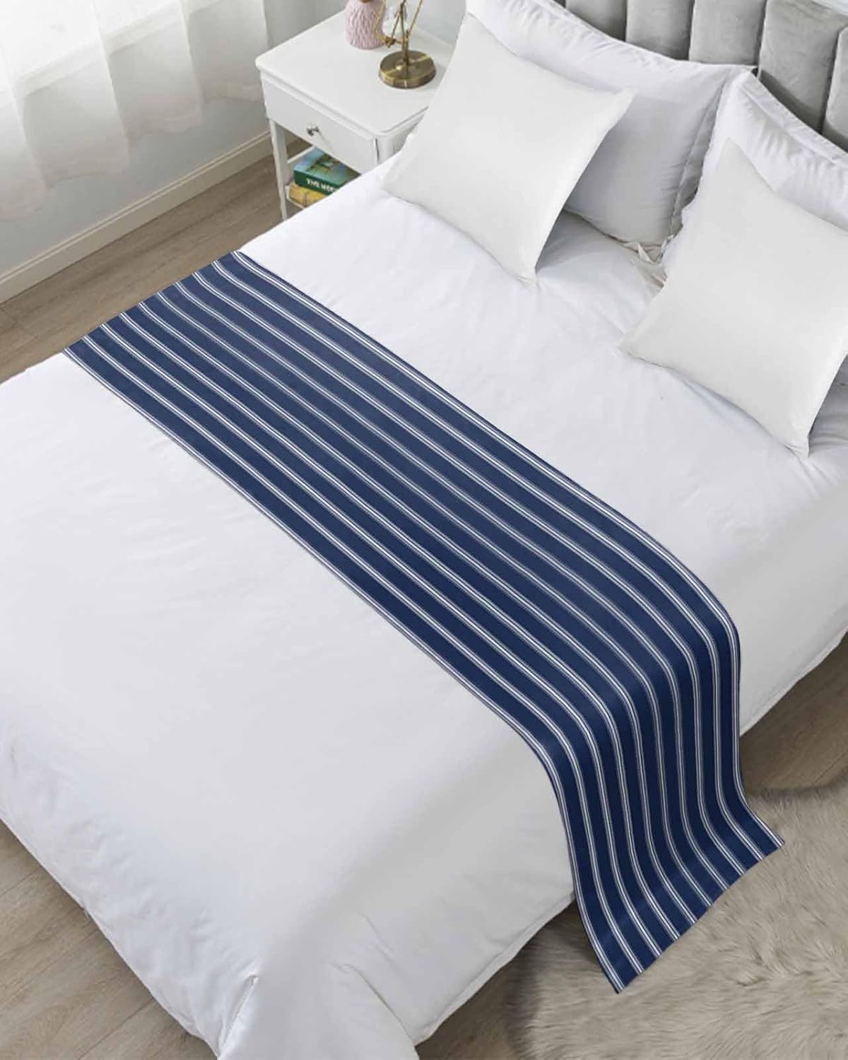 Navy Blue Striped Bed Runner Queen Size Decor
