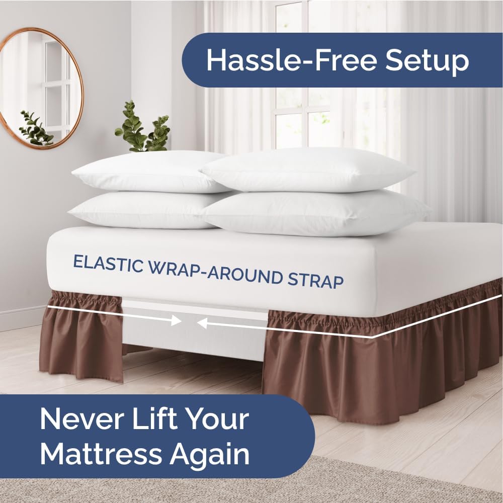 Wrap Around Dust Ruffle Bed Skirt 2 Pillowcases Bundle - Brown