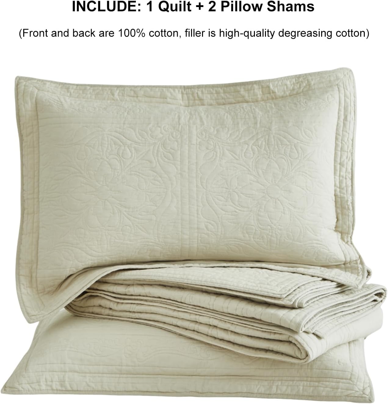 WINLIFE 100 Cotton Quilt Set Full Queen 90x98 Inch Beige