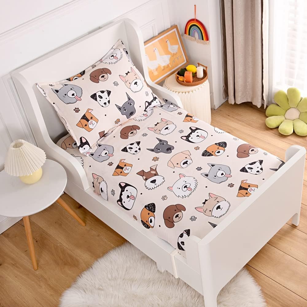 KWLOVER 2PCS Soft Fitted Sheet Pillowcase Set - Doggy Printed Pattern for Kids