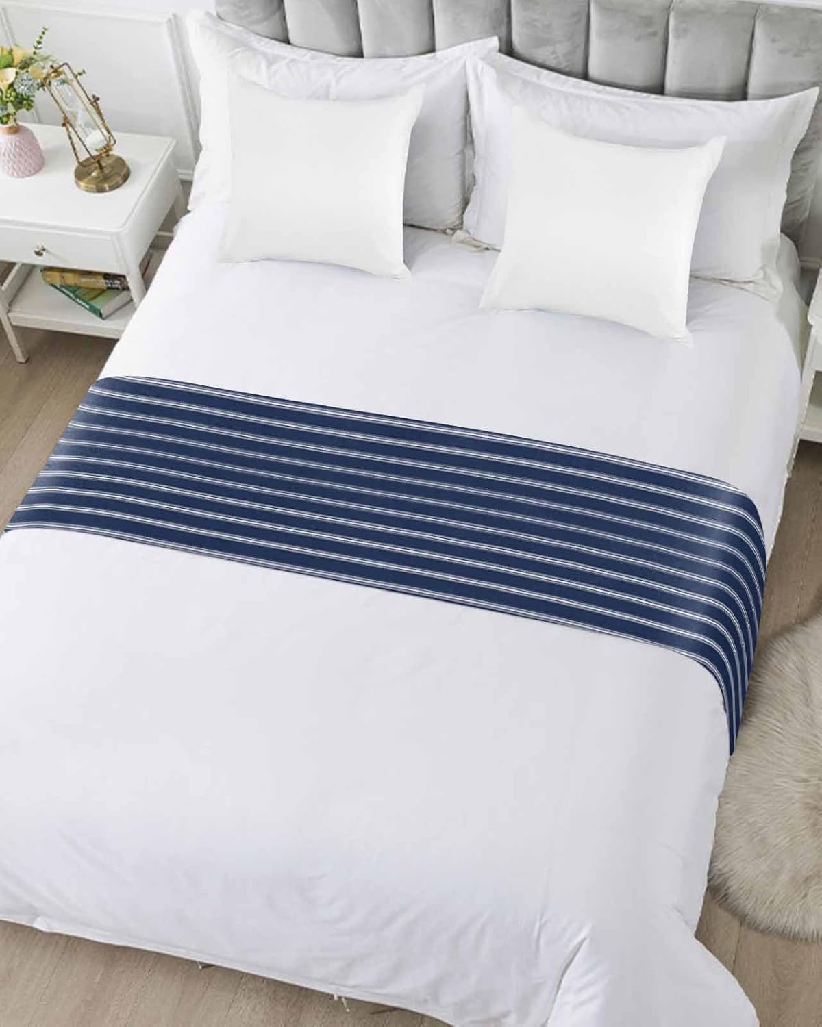Navy Blue Striped Bed Runner Queen Size Decor