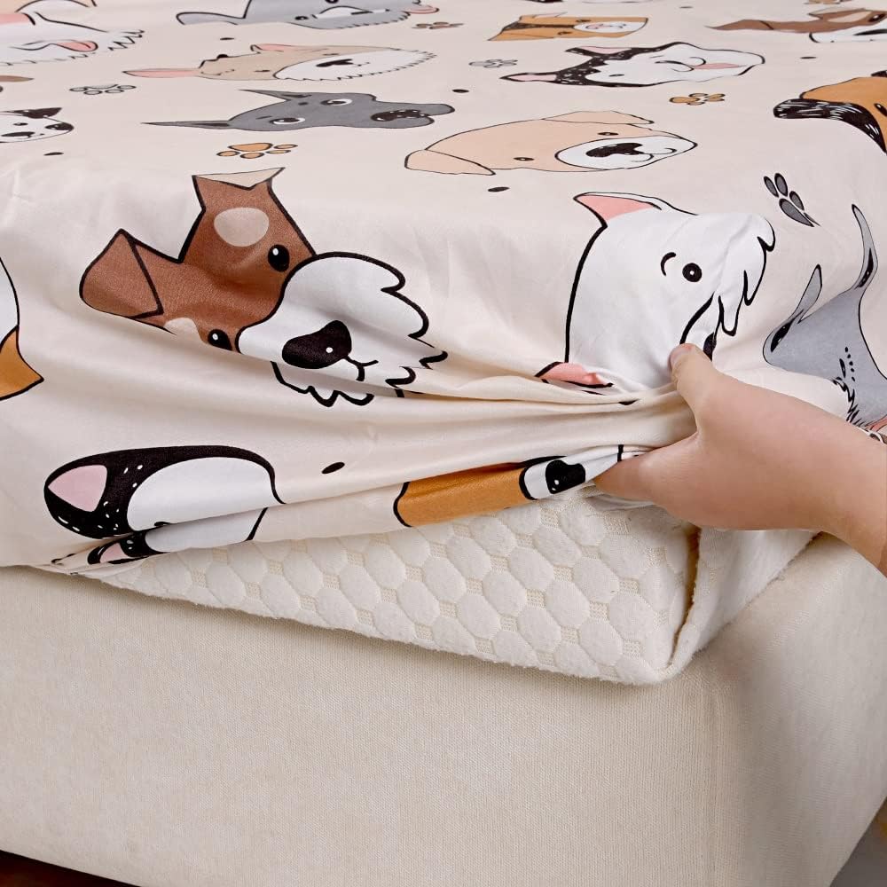 KWLOVER 2PCS Soft Fitted Sheet Pillowcase Set - Doggy Printed Pattern for Kids