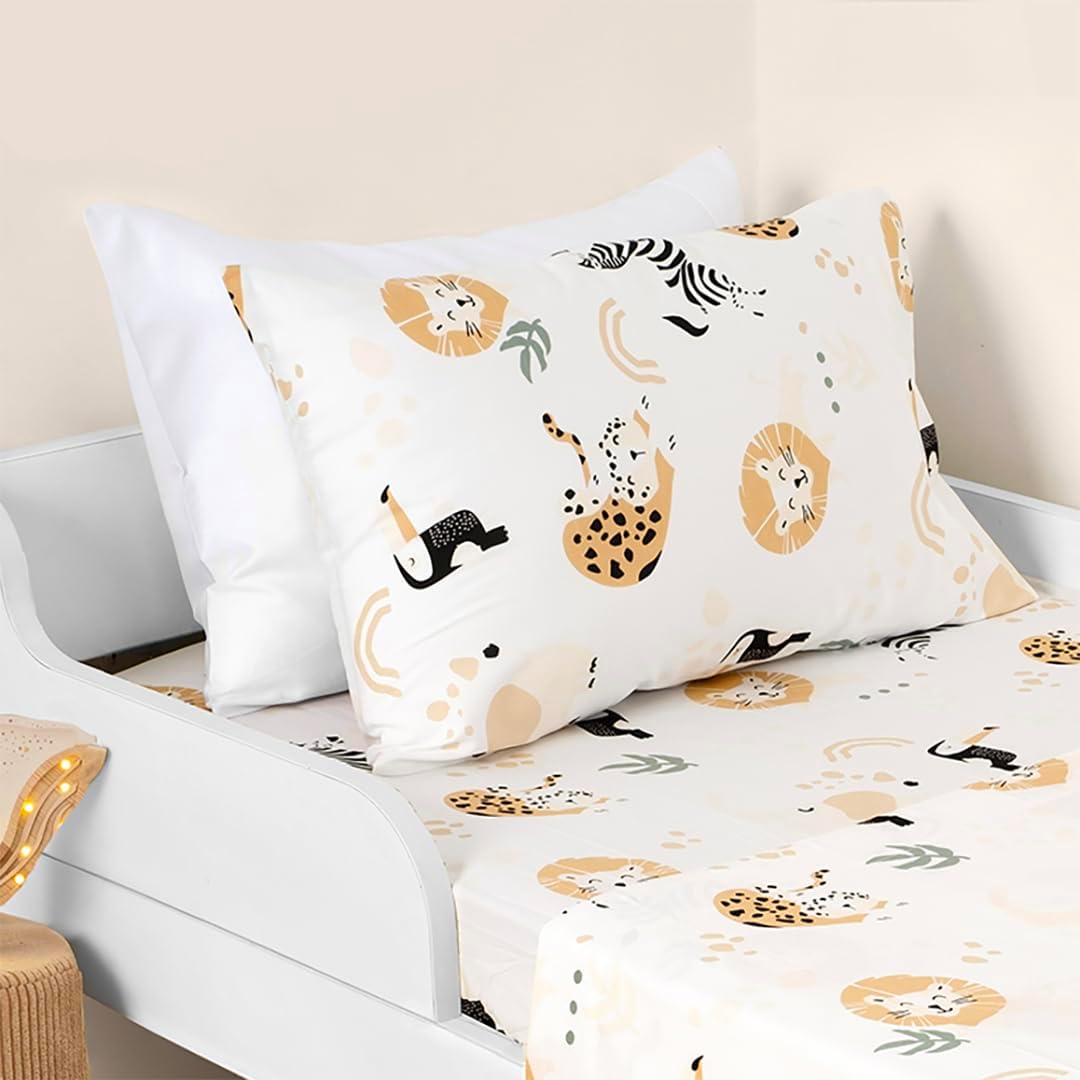Salt Earth 100 Cotton 210TC Kids Bedsheet Set - Twin Fitted Pillowcase Jungle Themed