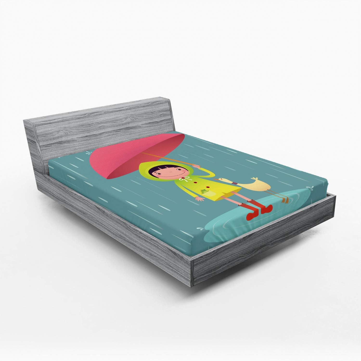 Ambesonne Rain Fitted Sheet with Duck Friend