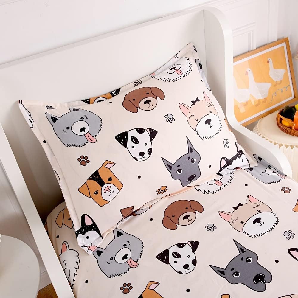 KWLOVER 2PCS Soft Fitted Sheet Pillowcase Set - Doggy Printed Pattern for Kids
