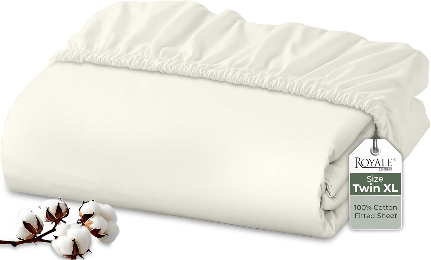 Royale Linens 100 Organic Cotton Twin XL Fitted Sheet - Ivory Deep Pocket