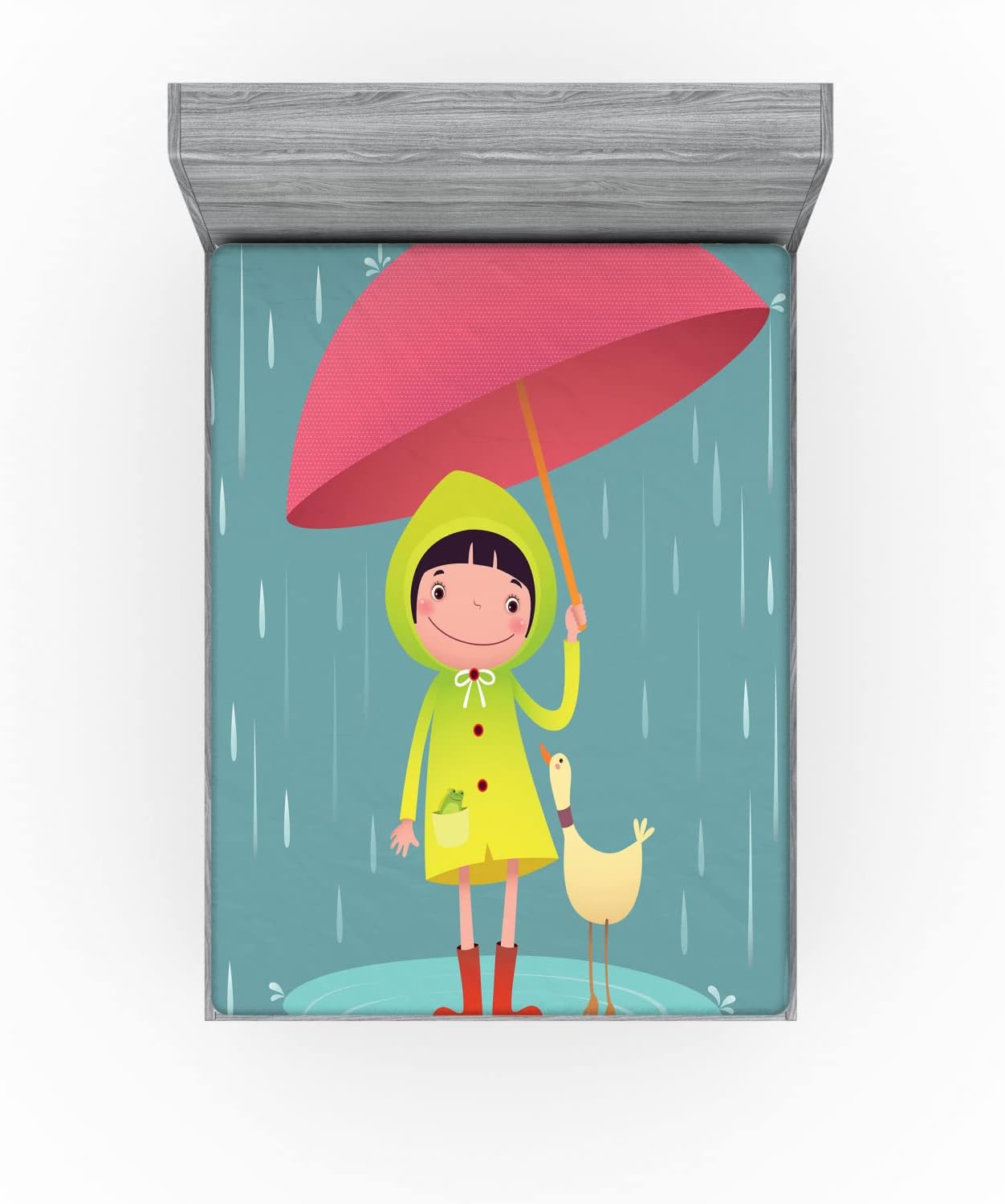 Ambesonne Rain Fitted Sheet with Duck Friend